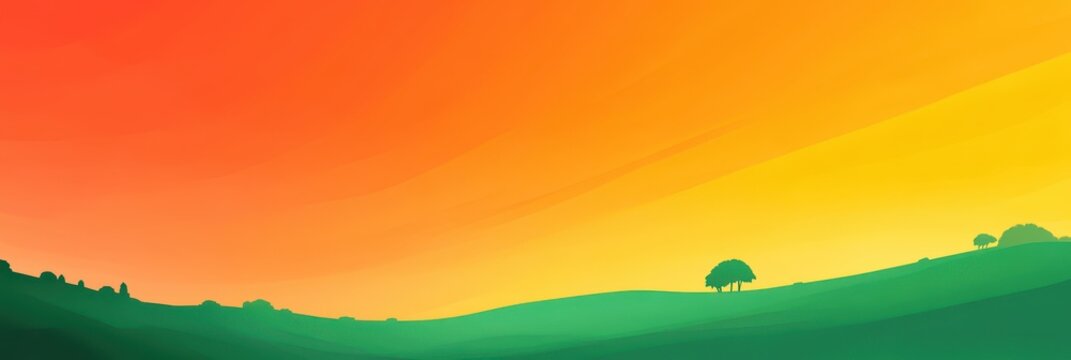 Serene landscape illustration featuring rolling green hills under a vibrant orange and yellow sunset
