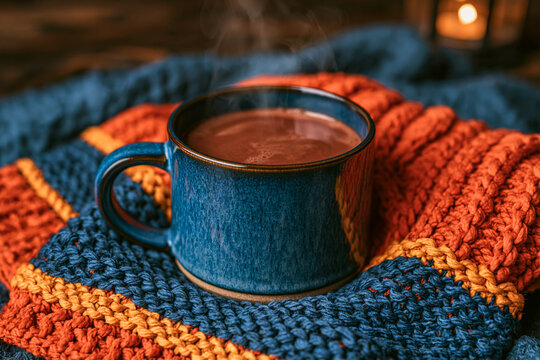 Blue ceramic mug filled with steaming hot chocolate placed on colorful knitted wool blanket