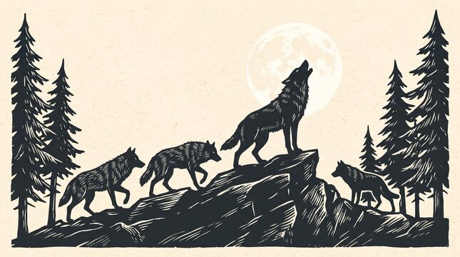 Wolf pack howling at full moon on rock linocut style illustration for wildlife nature poster