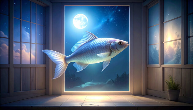 Floating fish in a floating wooden cabin in the sky. Ai