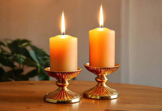 Warm candlelight and peaceful ambiance, two burning pillar candles on golden holders for relaxation and spiritual concepts