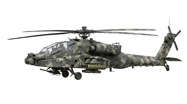 Military attack helicopter in flight isolated on white background for defense and aviation projects