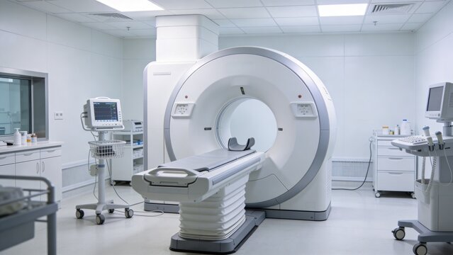 Modern MRI scanner inside clean clinical imaging room featuring advanced magnetic resonance imaging equipment diagnostic radiology technology patient examination table circular scanner opening medical