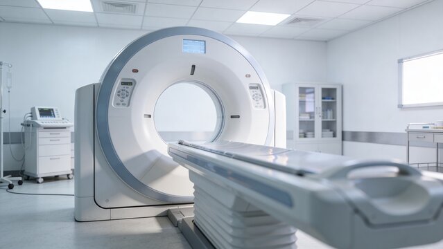 Modern MRI scanner inside clean clinical imaging room featuring advanced magnetic resonance imaging equipment diagnostic radiology technology patient examination table circular scanner opening medical