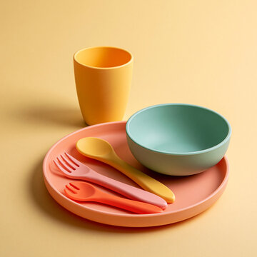 Colorful modern children dinnerware set with plate bowl cup and colorful utensils, dinnerware