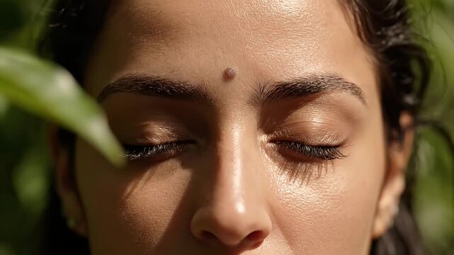Close-up of a Woman's Face with Eyes Closed, Sunlight on Skin, and a Mole Between Eyebrows
