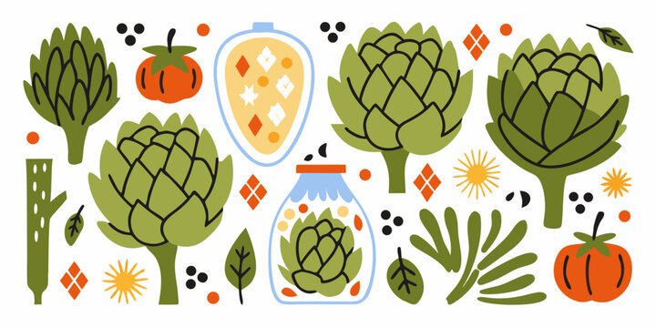 Artichokes And Tomatoes Vector Illustration With Botanical Elements
