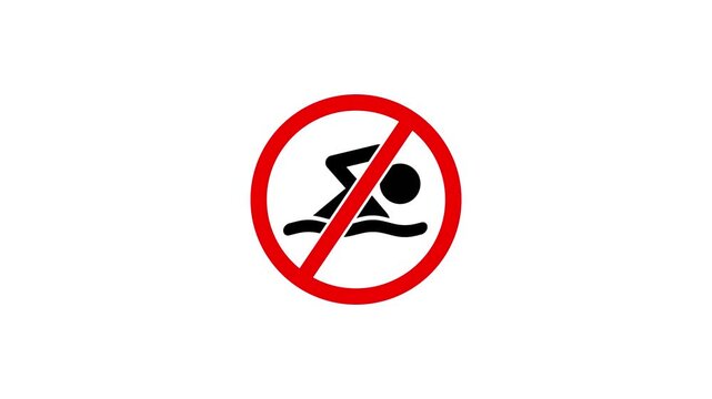  No swimming prohibition sign featuring a black swimmer silhouette crossed by a bold red diagonal line inside a red circular symbol on a clean white background.
