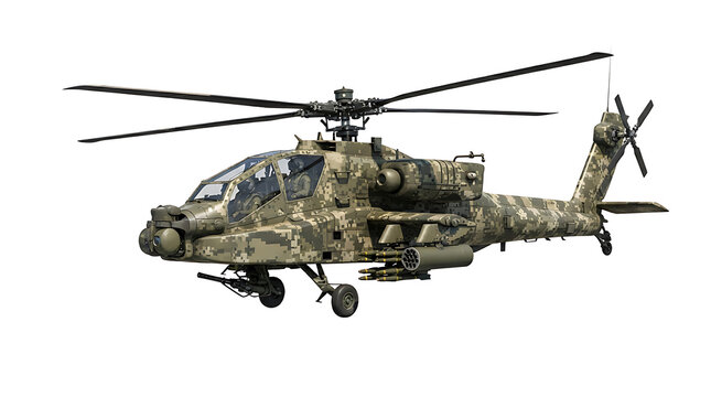 Military attack helicopter in flight with camouflage paint and armed weaponry