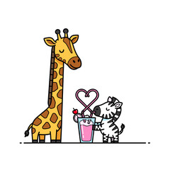 Naklejka premium Giraffe and zebra sharing milkshake with heart straw.