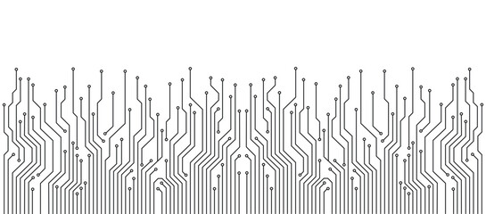 Electronic circuit board pattern featuring intricate black lines and circular connection points on a clean white background suitable for modern technology themes and digital design © Ameeran