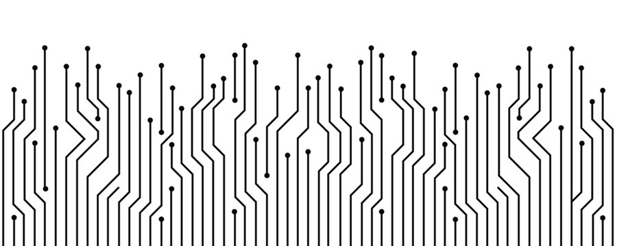 Intricate black printed circuit board pattern with vertical lines and rounded nodes isolated on a crisp white background for modern digital technology or computer design