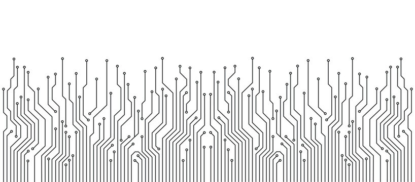 Electronic circuit board pattern featuring intricate black lines and circular connection points on a clean white background suitable for modern technology themes and digital design