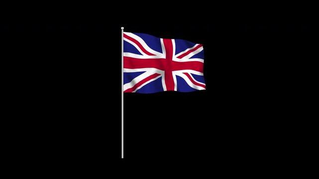 Animation of the United Kingdom flag fluttering on a flagpole against a transparent background in 4K