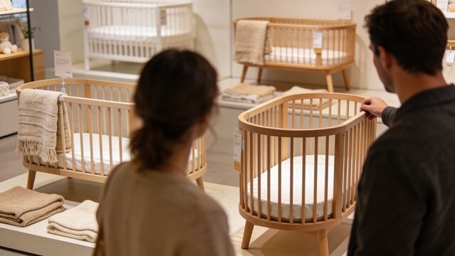 Parents exploring nursery furniture showroom featuring wooden baby cribs bassinets woven blankets cozy bedding warm neutral interior family shopping experience childcare essentials infant sleeping spa