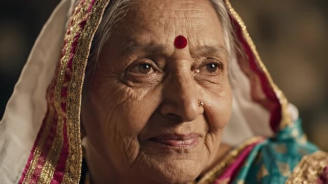Close-up of elderly Indian woman with traditional bindi and sari, looking peaceful and serene with