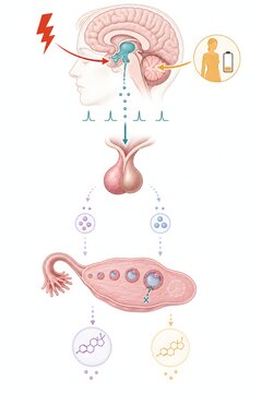 Amenorrhea hypothalamic pituitary ovarian axis diagram, gynecology endocrinology illustration showing suppressed GnRH, reduced LH FSH and arrested follicle development