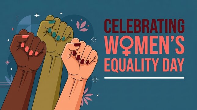Celebrating Womens Equality Day banner with raised fists of diverse women expressing empowerment