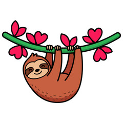 Naklejka premium Sloth hanging on branch with heart-shaped leaves.