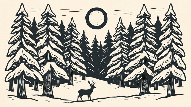 Deer silhouette in snowy pine tree forest under moon woodcut print illustration for winter wilderness landscape