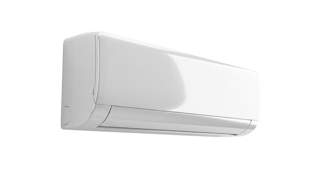 Modern white air conditioner unit, wall mounted split system AC, sleek climate control appliance for home cooling and heating