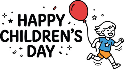 Happy Children's Day greeting banner design featuring a cute cartoon child running and holding a red balloon with playful confetti elements.