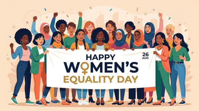 Happy Womens Equality Day August 26 banner with diverse happy women celebrating