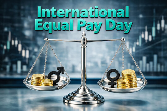 International Equal Pay Day concept, gender pay gap balance on scales, financial equity and justice for men and women