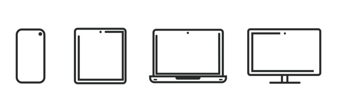 Responsive Electronic Devices Icon Set, Smartphone Tablet Laptop Monitor Screen Line Graphic Symbol, Computer Hardware Gadget Vector Design, Technology Mockup Clipart, Black, White