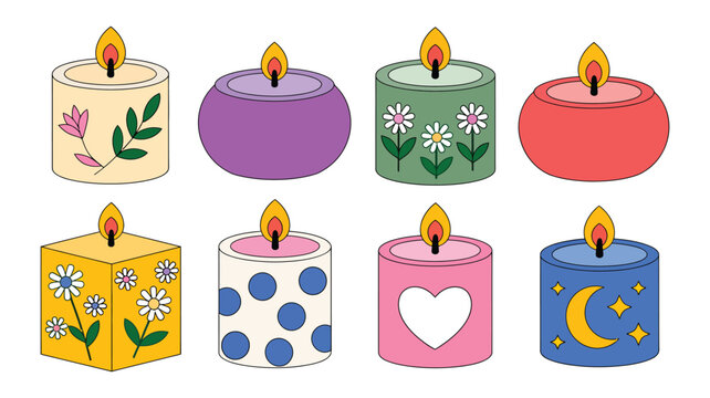 Burning candles decorative flat vector icons with glowing flames for celebration ceremony relaxation and interior decor