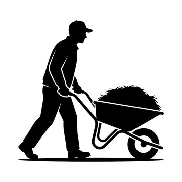 Gardener silhouette pushing a wheelbarrow filled with mulch