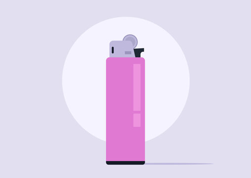 A vibrant pink lighter captures attention as it leans proudly on a smooth grey surface, surrounded by a calming, neutral atmosphere that emphasizes its playful design.