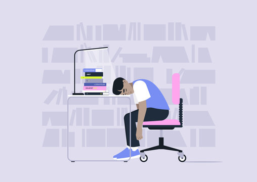A library student sits in a chair with their head resting on a desk piled high with books, The background shows shelves filled with more study material, hinting at a busy semester.