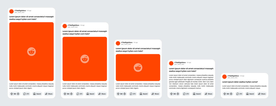 Reddit simplified post template, new UI update in different sizes. rounded corners.