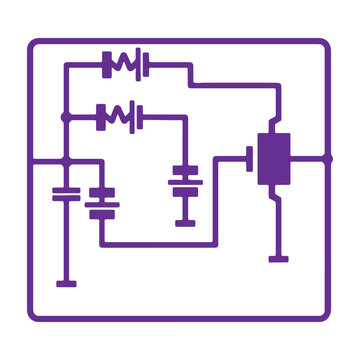 Purple electronic circuit diagram featuring resistors capacitors and a transistor component on a clean white background