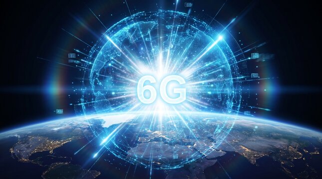 6G network technology concept with glowing digital data sphere over Earth planet surface.