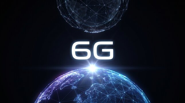 6G network technology concept with glowing digital globe and data connection sphere.