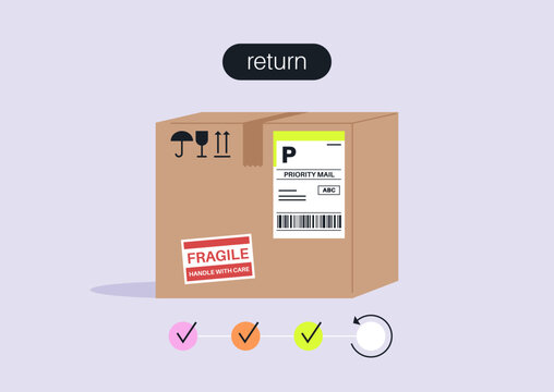 A neatly sealed delivery box labeled as fragile sits against a soft purple background, The scene captures the essence of a simple return process, showcasing reliability.