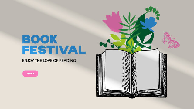 Book festival banner collage template. Learning and education creative concept. Library or bookstore vintage design poster. Vector hand drawn sketch illustration.