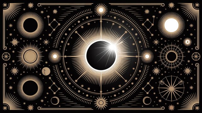Celestial eclipse illustration featuring intricate golden geometric suns and stars arranged in a symmetrical pattern on a deep black background for mystical spiritual decor and decorative occult magic