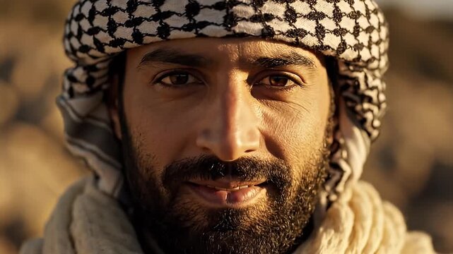 Close-up portrait of a wise Middle Eastern man with a beard and keffiyeh headdress in a desert