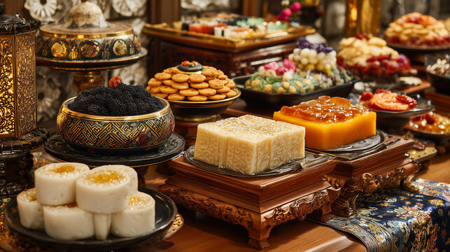 Luxury Korean dessert buffet featuring rice cakes, honey cookies, bingsu and traditional sweets with Korean cultural decorations, premium stock photography, no people