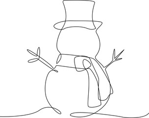 Cute minimalist one line illustration of a snowman wearing a winter hat and scarf, isolated on a white background.