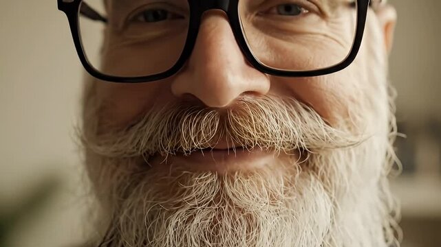Close-up portrait of a wise, bearded older man with glasses, showing kindness and a friendly smile.