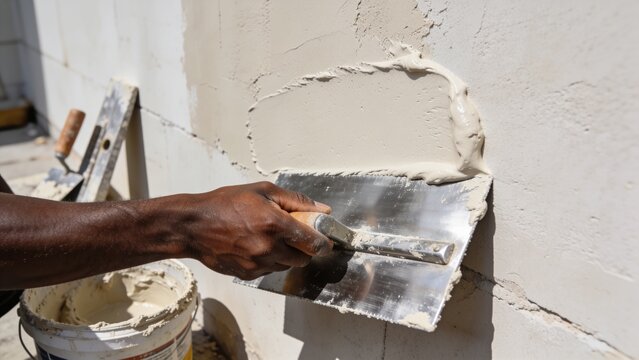 Professional construction worker applying fresh plaster compound across unfinished interior wall using stainless steel trowel skilled craftsmanship renovation drywall finishing masonry surface prepara