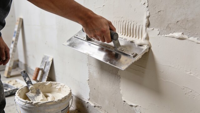 Professional construction worker applying fresh plaster compound across unfinished interior wall using stainless steel trowel skilled craftsmanship renovation drywall finishing masonry surface prepara