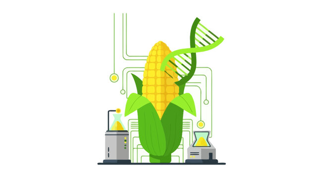 Genetically Modified Maize and DNA Helix Illustration - Agricultural Biotechnology and Agrotech Concept
