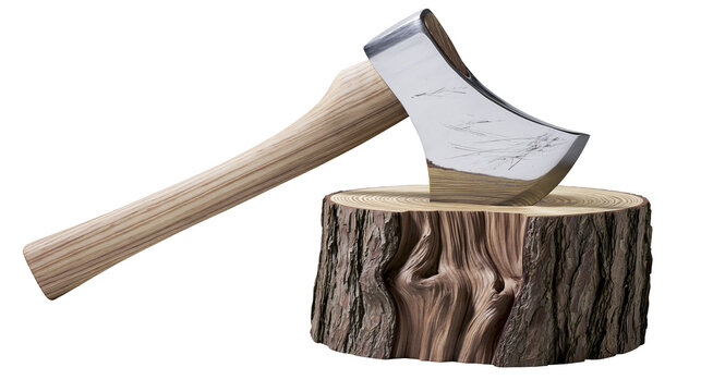 Metal axe head embedded in rough bark tree stump