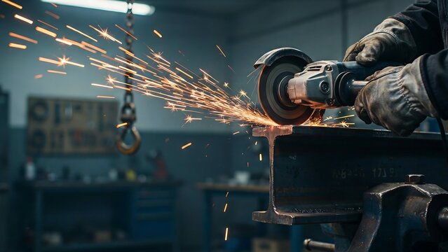 Skilled worker uses a handheld electric angle grinder to cut through heavy metal beam while bright orange sparks fly everywhere