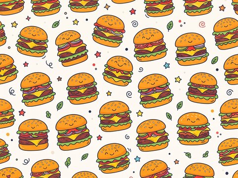 Cartoon colorful outline hamburgers seamless pattern. Flat vector burger texture for fast food restaurant or cafe menu banners, textile, wrapping paper, package, cover